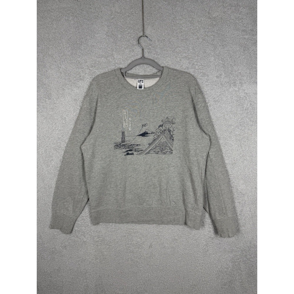 Uniqlo X Hokusai Blue Size M Grey Cotton Fleece Crew Neck Pullover Sweatshirt